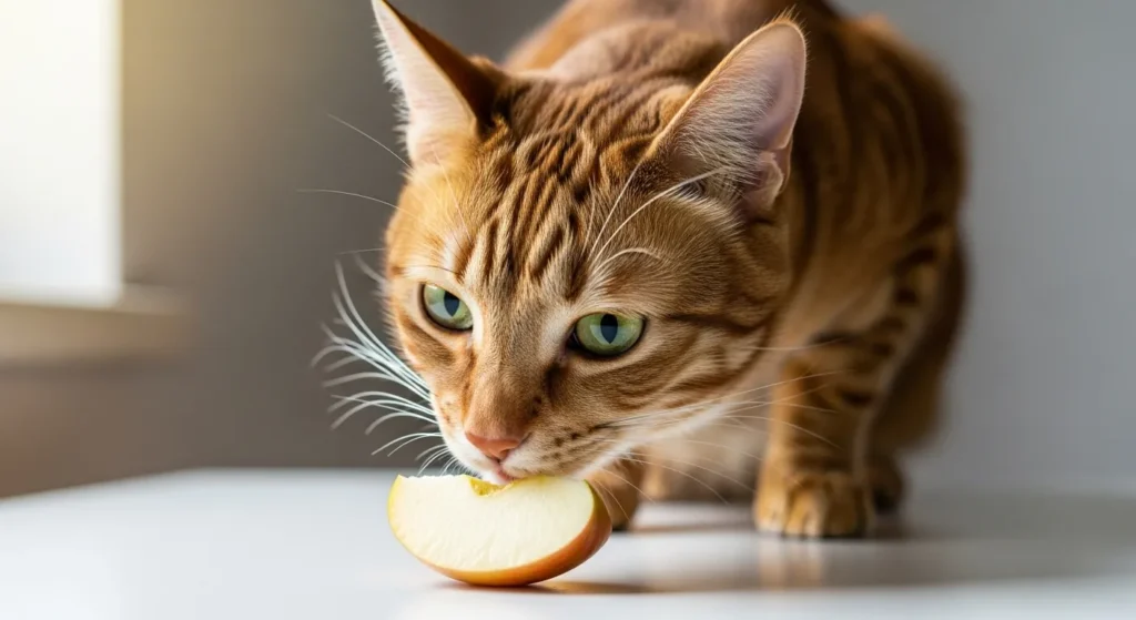 Cat looking at a fresh apple slice on a table.