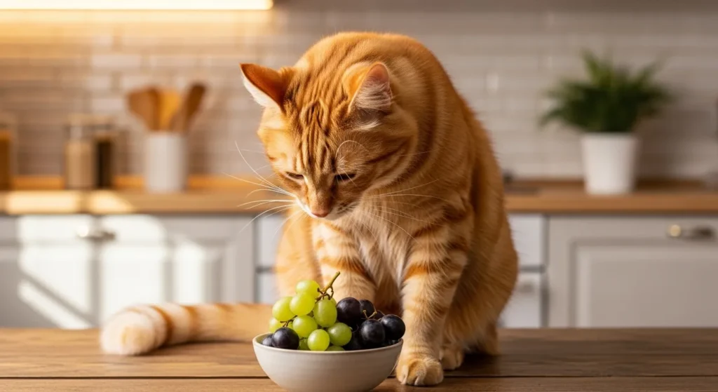 Cat curiously looking at a bowl of grapes.