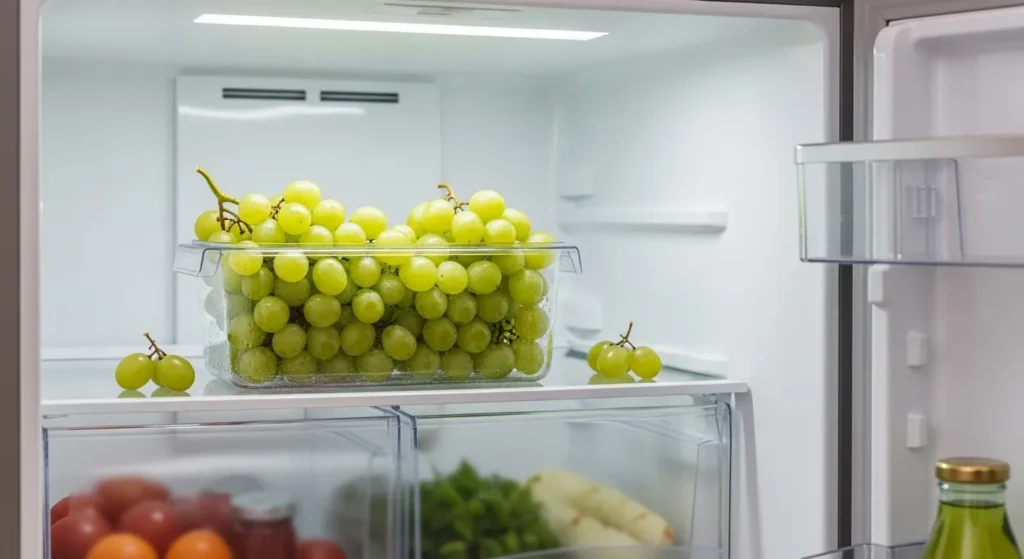 Grapes in a sealed container in a fridge.