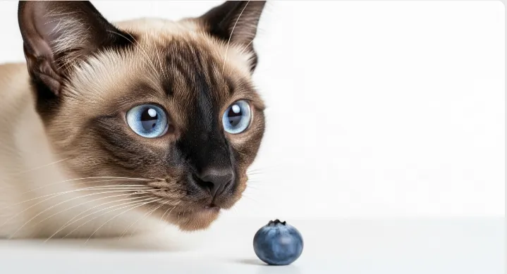 Siamese cat sniffing a single blueberry on a white background.