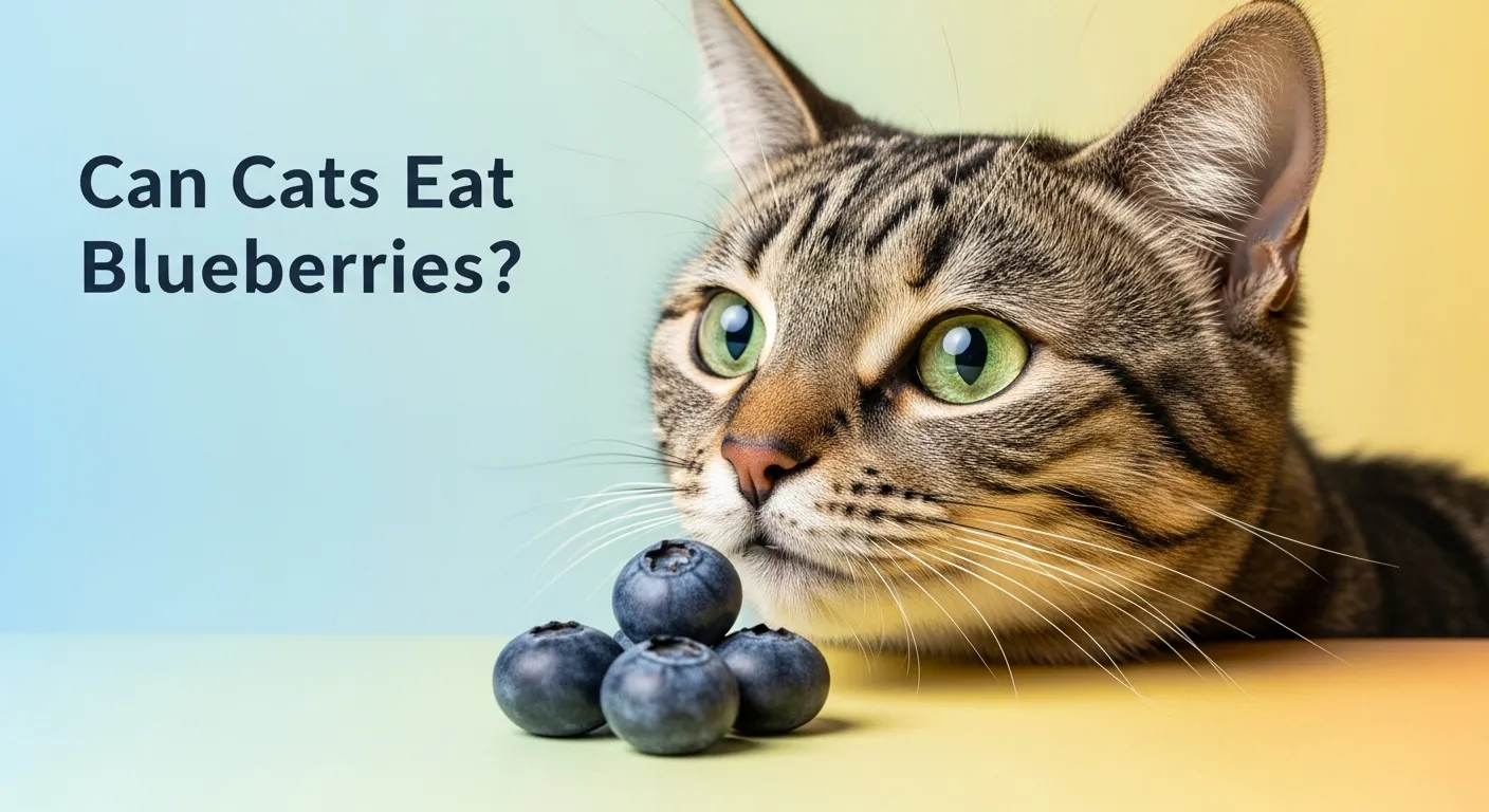 Cat with blueberries on a colorful background for blog thumbnail.