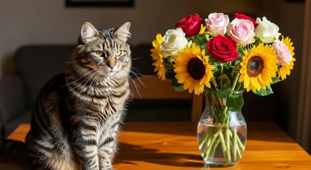 Cat next to a vase of non-toxic flowers like roses and sunflowers.
