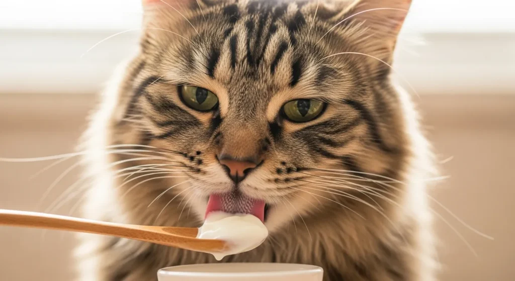 Tabby cat licking yogurt