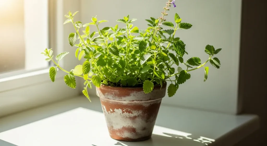  Green catnip plant in a pot.