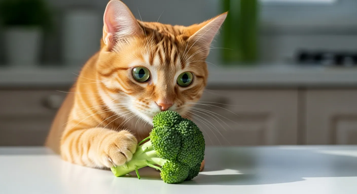 Cat pawing at broccoli floret.