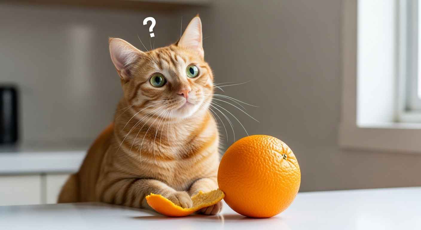 Orange tabby cat curiously looking at a fresh orange.