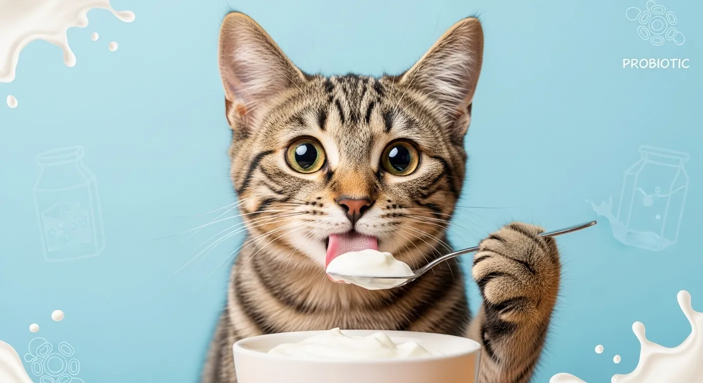Tabby cat licking yogurt spoon