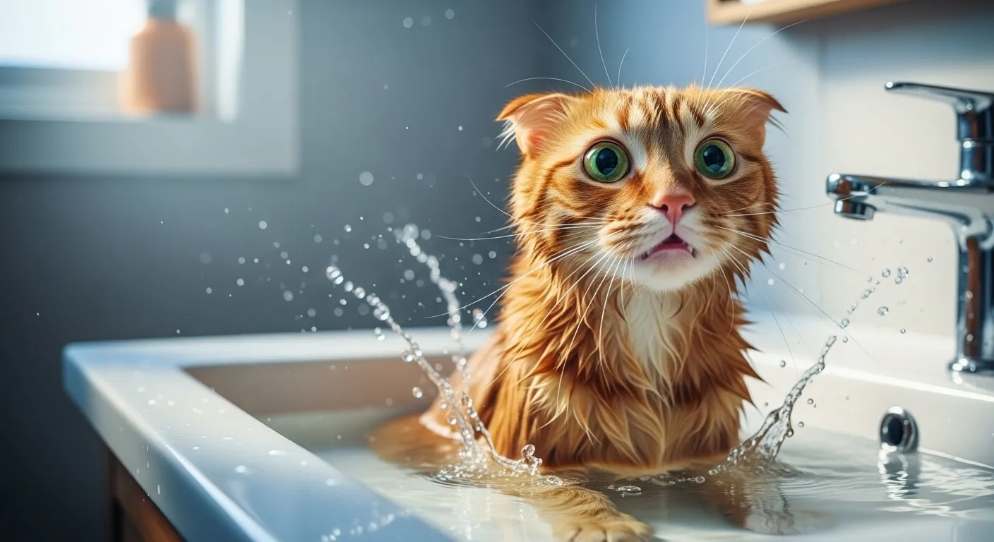 Shocked orange tabby cat sitting in bathroom sink with water, illustrating why cats hate water