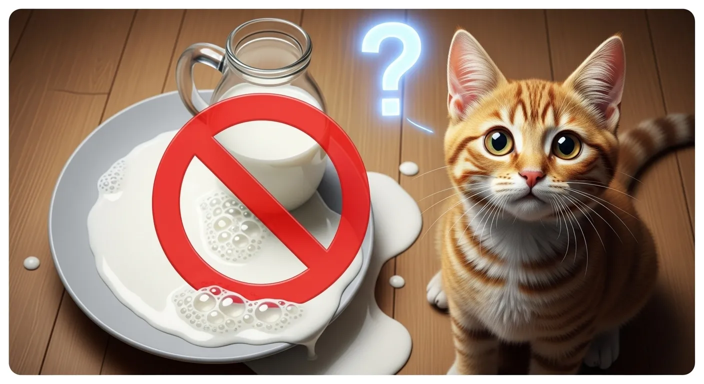 curious cat near spilled milk with warning sign
