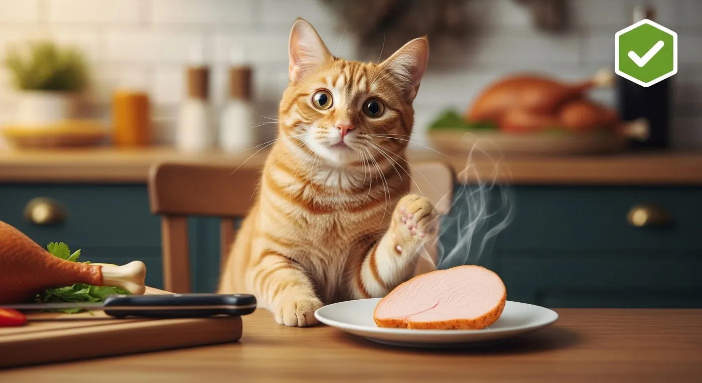 Cat safely eating turkey thumbnail for blog