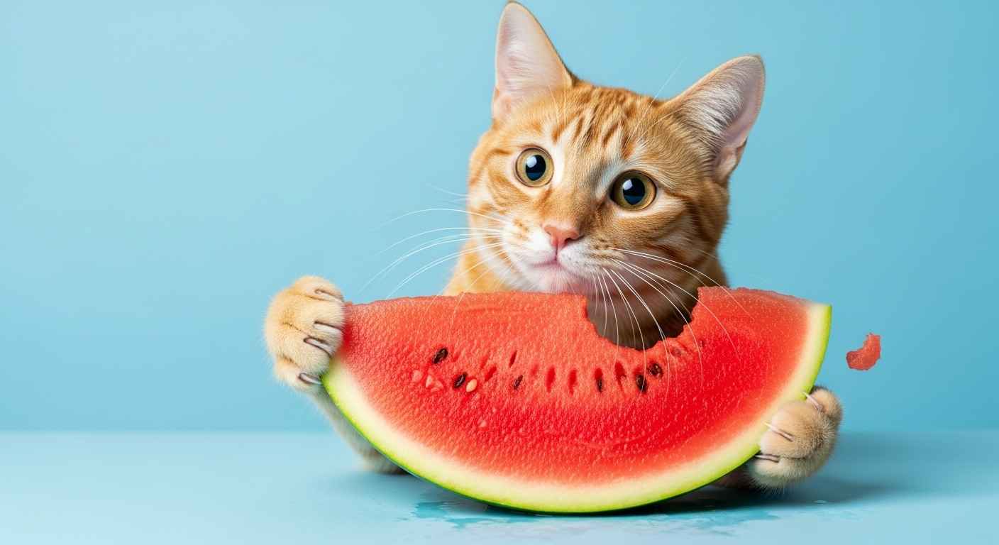 Curious cat pawing at seedless watermelon for safe treats.