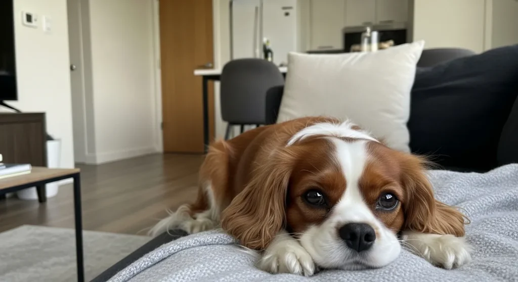 Cavalier King Charles Spaniel resting on a cozy couch.