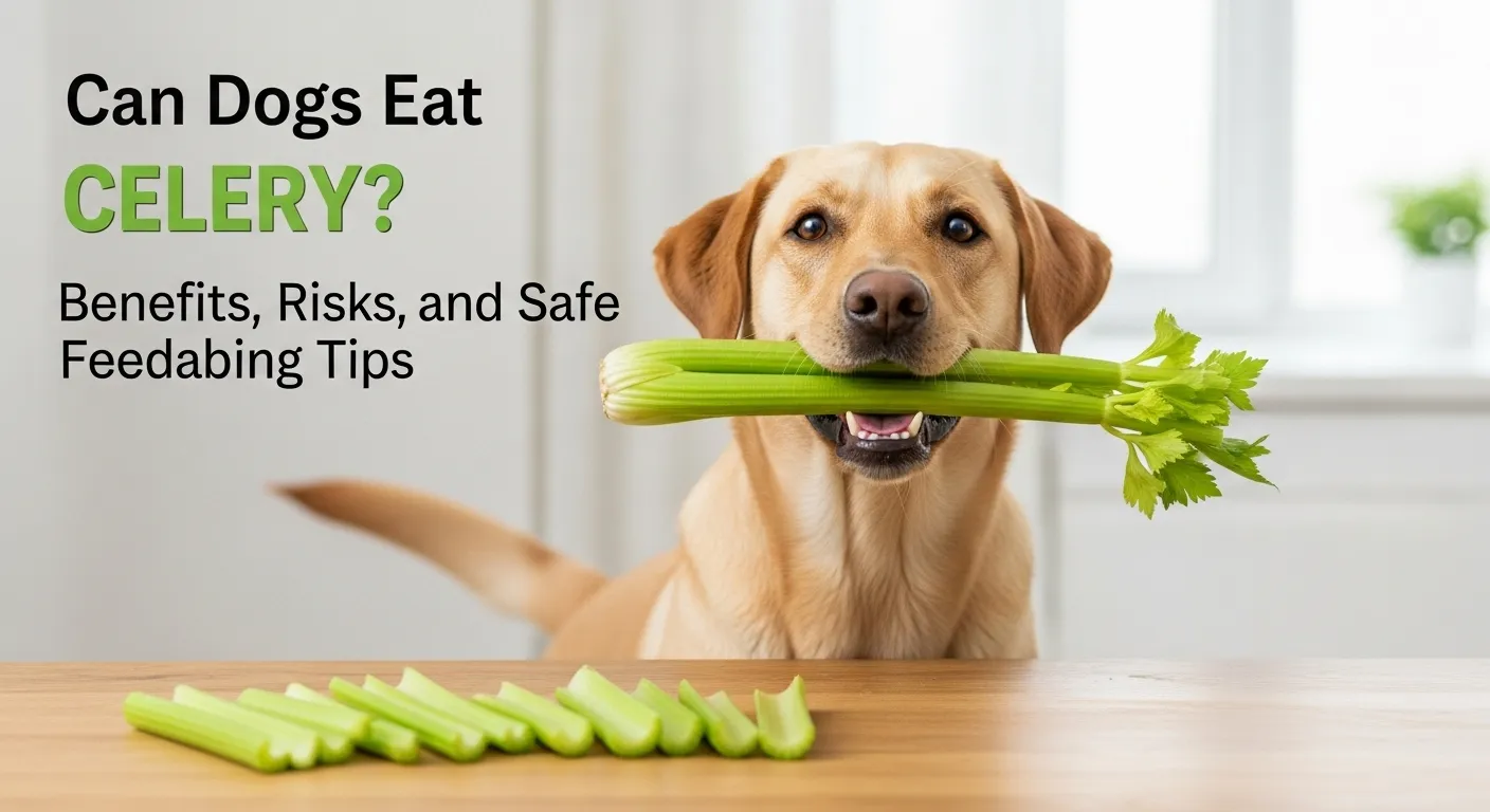 Happy dog holding celery stick for blog thumbnail.