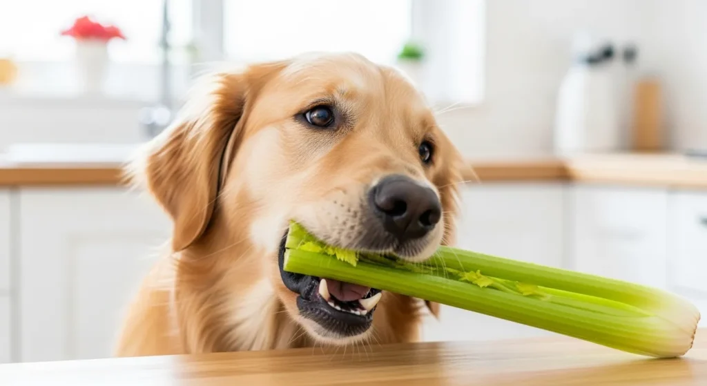 Dog eating a celery stick as a healthy treat.