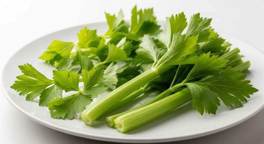 Washed organic celery leaves for dogs.