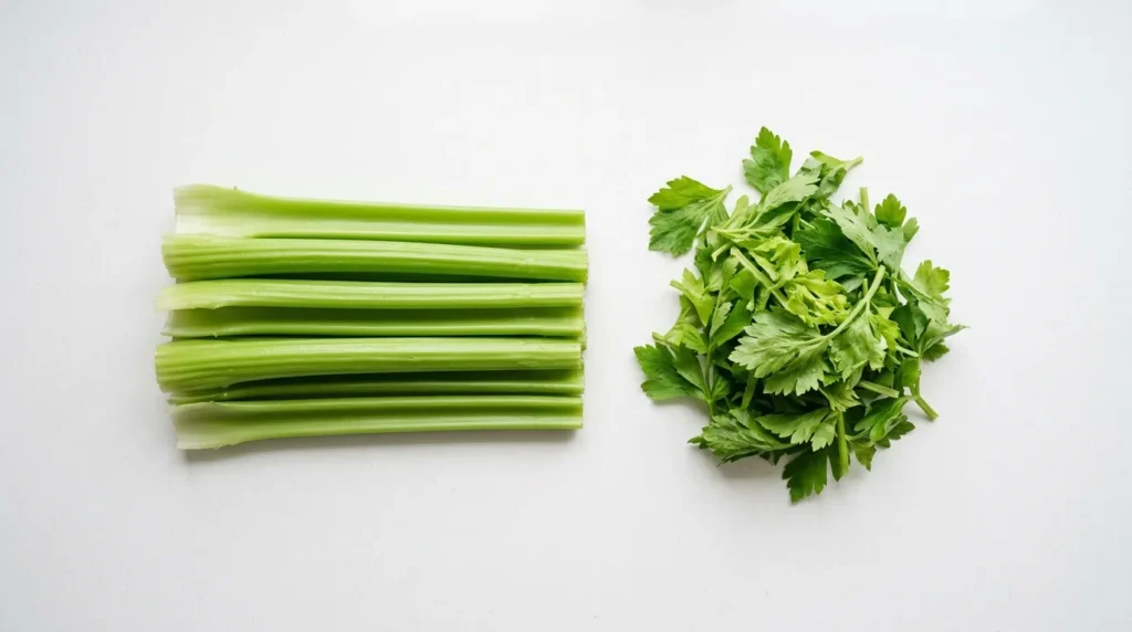 Celery stalks with leaves separated on a white kitchen counter viewed from above
