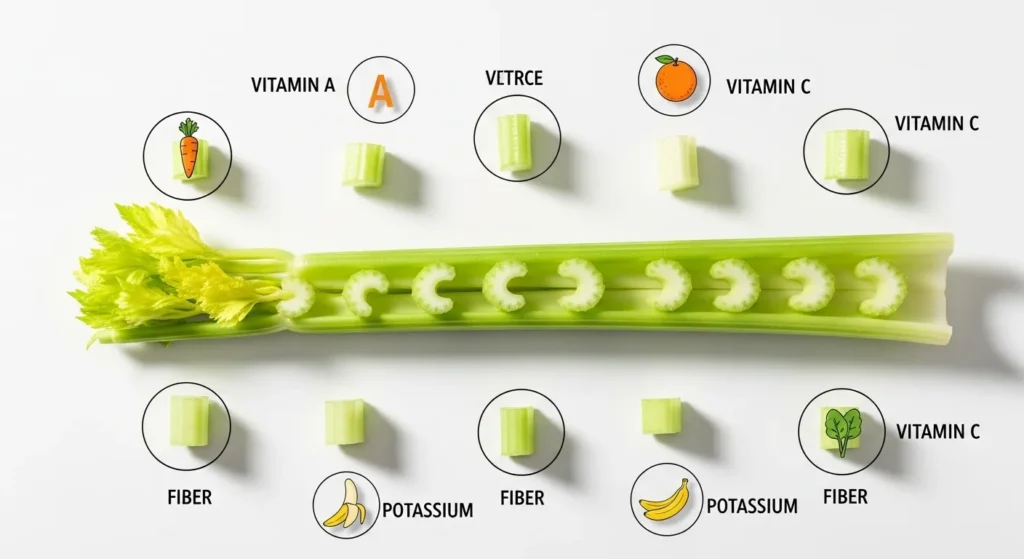 Alt Text: Celery stalk cut into small pieces with nutrition labels showing vitamins and minerals beneficial for dogs 