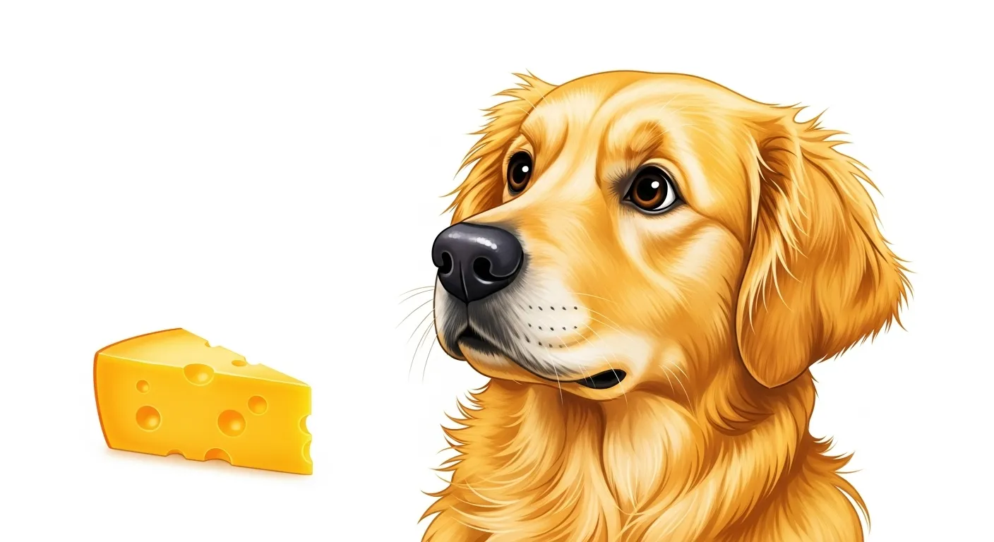 Illustration of dog and cheese for pet safety article.