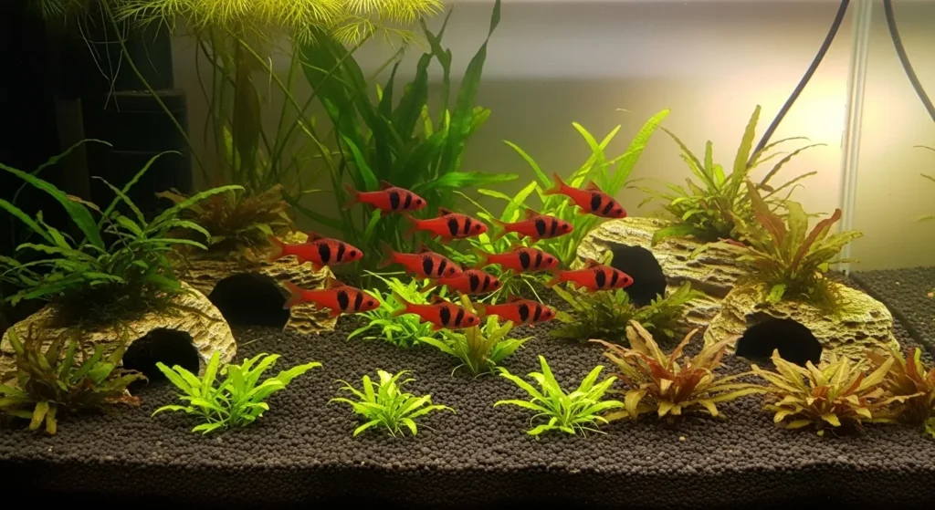 Red cherry barb fish in group