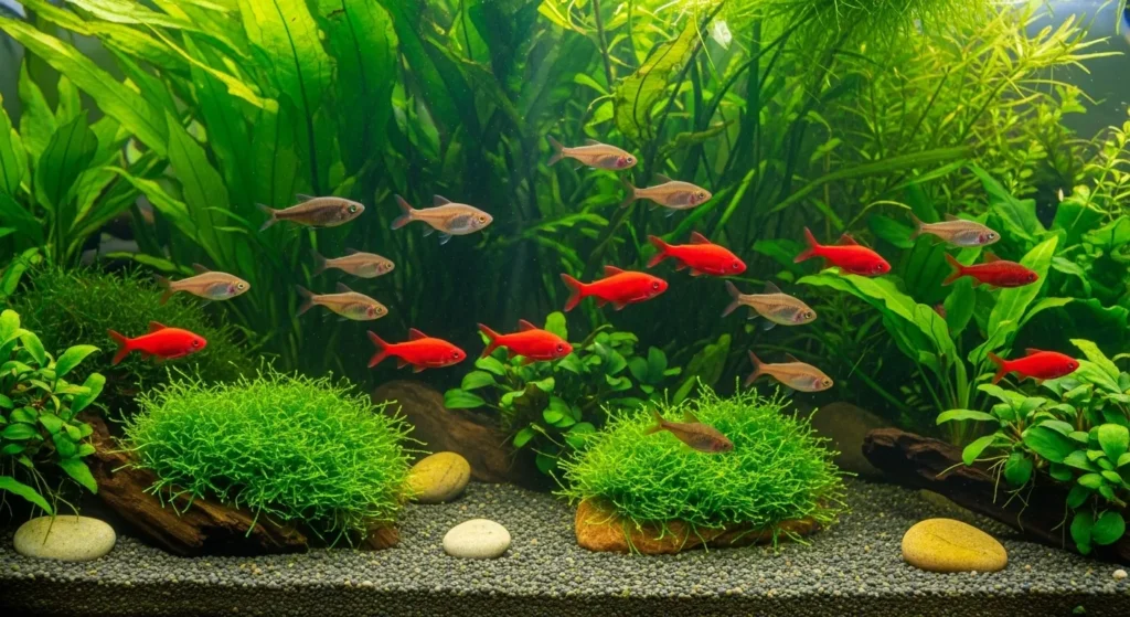 Red cherry barbs in aquarium.