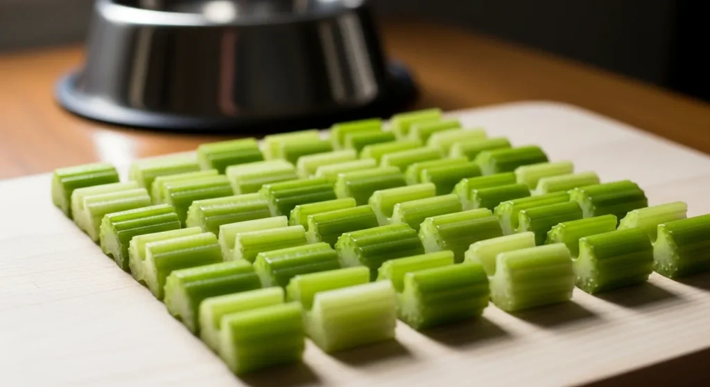 Chopped celery pieces for safe dog feeding.