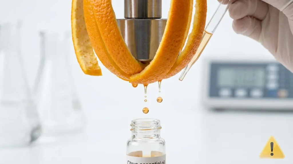 Close-up of orange peel with citrus essential oil drops on a white surface