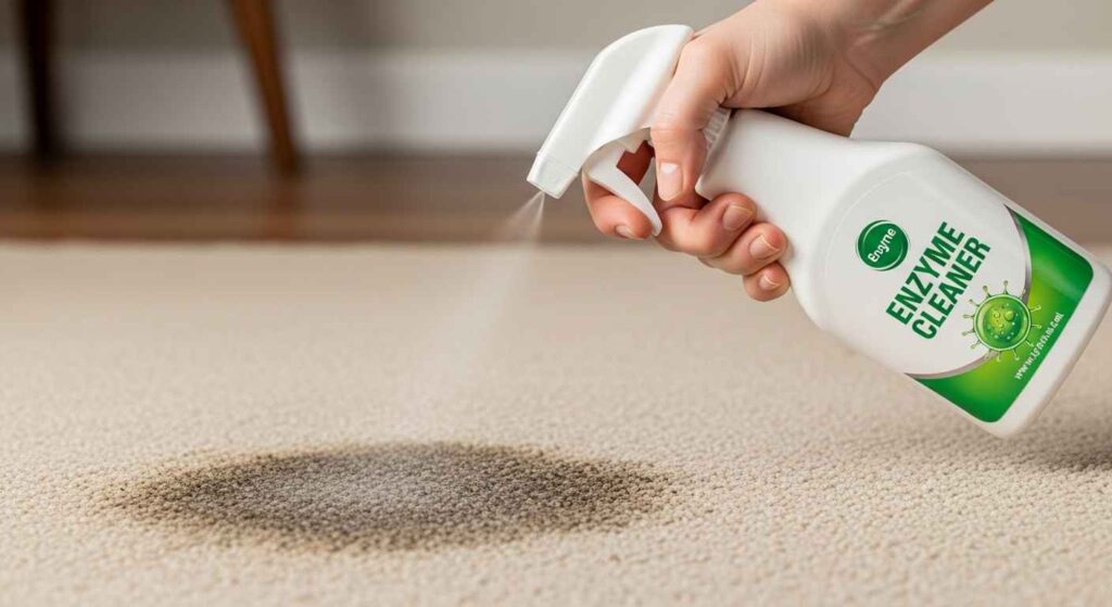 Person cleaning carpet with enzymatic cleaner.