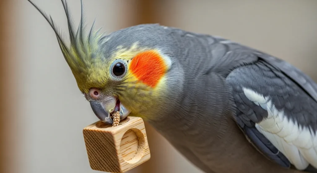 Cockatiel with crest raised playing.