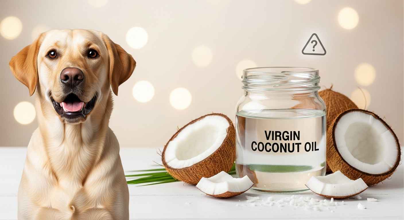 Golden retriever dog next to coconut oil jar with coconuts, questioning safety for pets