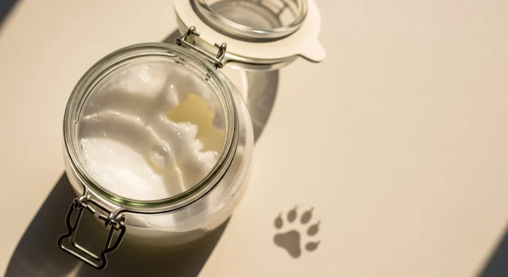 Jar of coconut oil with cat paw print.