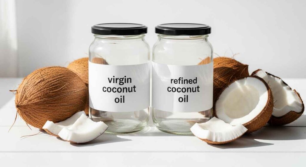 Two jars showing virgin and refined coconut oil with coconuts in background