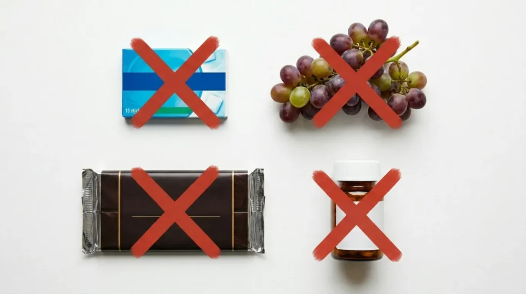 Common household items that are toxic to dogs including grapes, chocolate, and xylitol gum