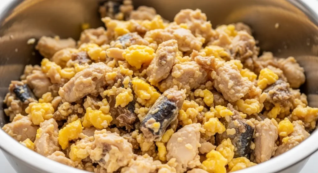 Homemade cooked chicken and sardine high-protein cat food in mixing bowl
