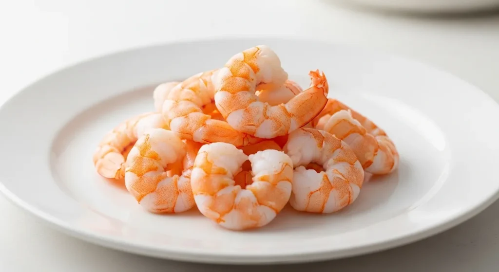 Close-up of peeled, steamed shrimp on a plate
