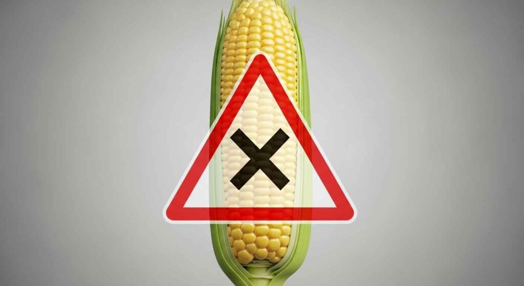 Corn on the cob with warning symbol showing it’s dangerous for dogs