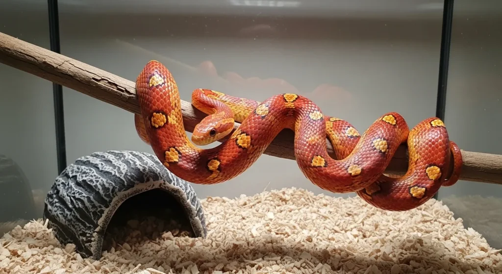 Red corn snake coiled in a terrarium.
