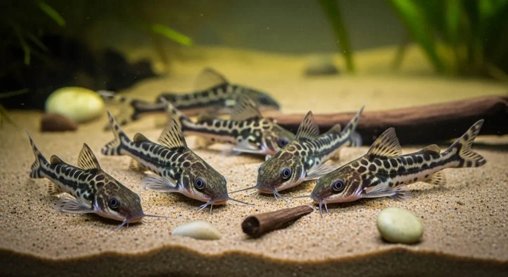 Group of cory catfish on substrate.