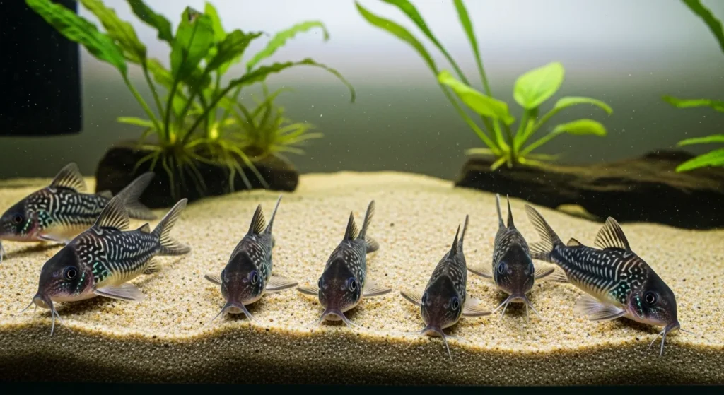 Group of cory catfish on aquarium bottom