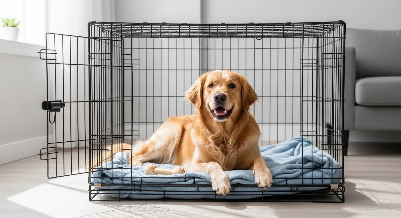 Happy dog in a crate with a blanket for training
