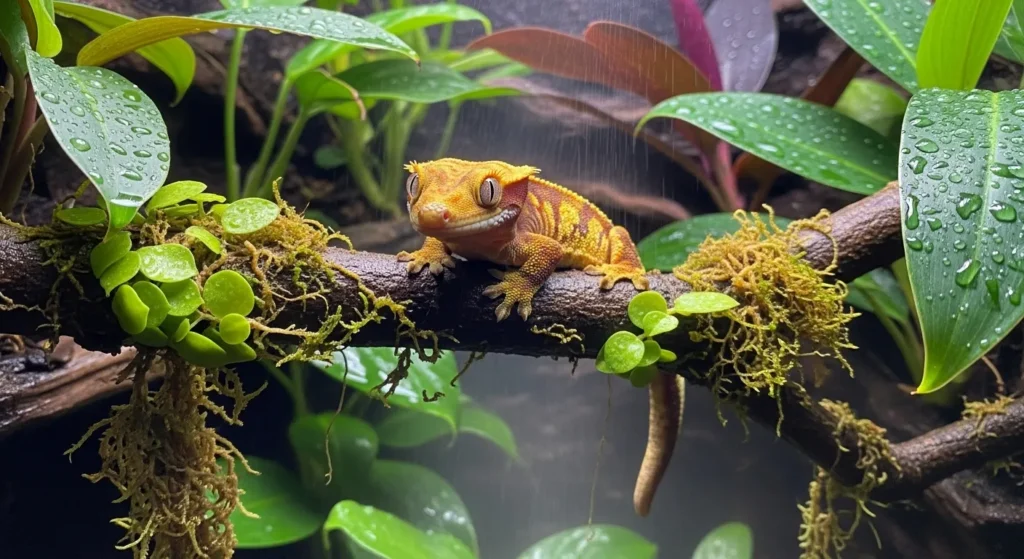 Crested gecko with eyelash crests on a branch