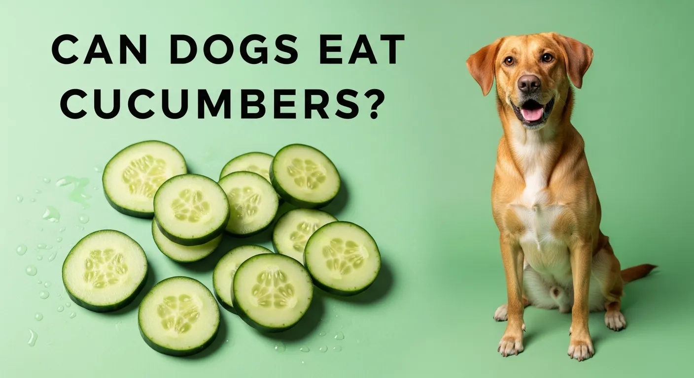 Smiling dog next to a sliced cucumber on a green background