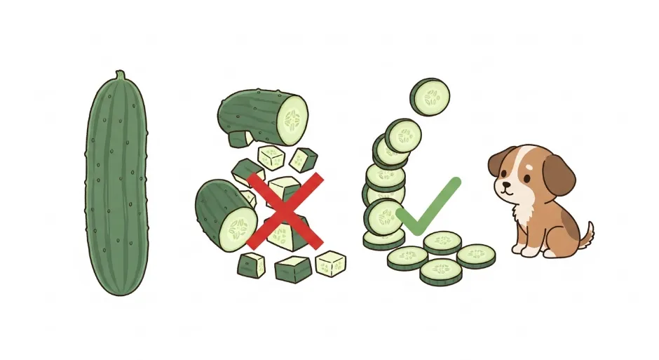 Illustration of dog with cucumber pieces showing safe and unsafe sizes.
