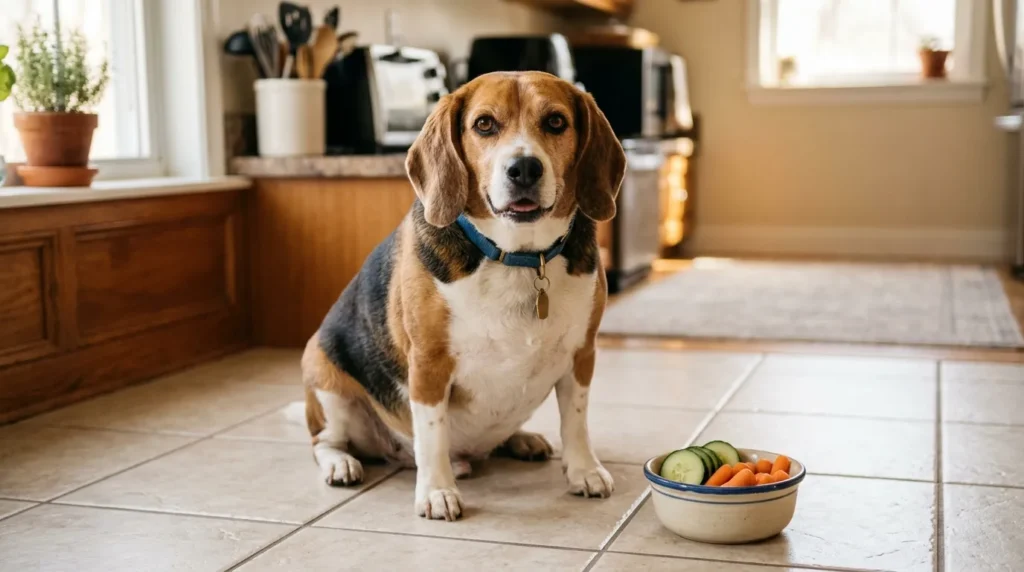 Overweight beagle sitting next to a bowl of fresh cucumber and carrot slices