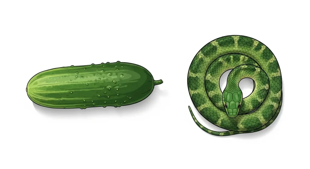 Side by side comparison of a cucumber and a coiled green snake showing visual similarity