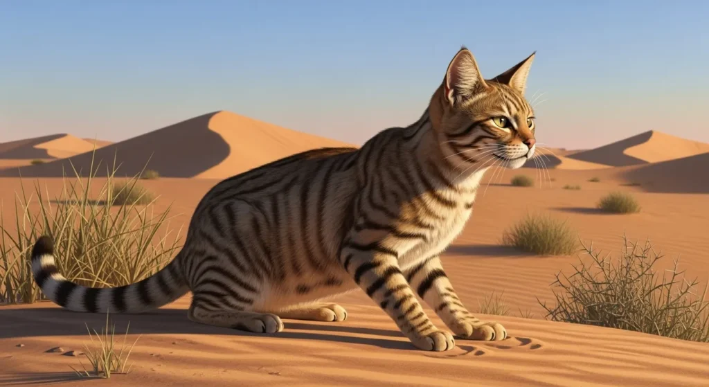 African wildcat in desert habitat showing evolutionary origins of domestic cats