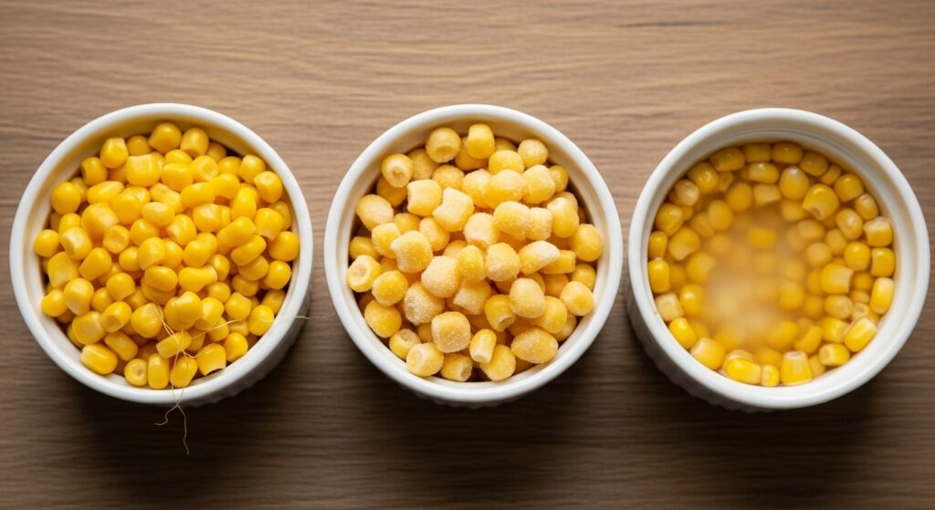 Three bowls showing fresh corn kernels, frozen corn, and canned corn