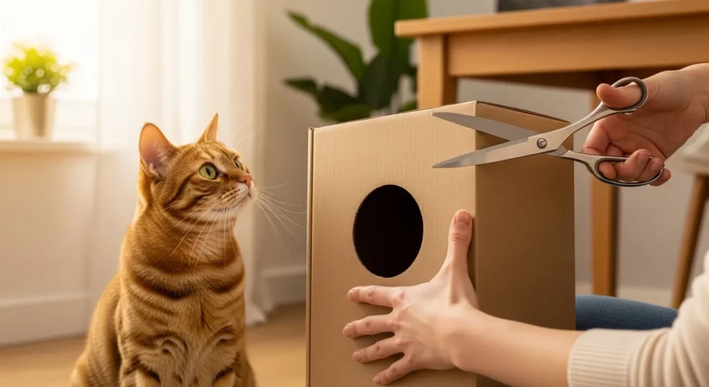 Person cutting a hole in a cardboard box while a cat watches nearby