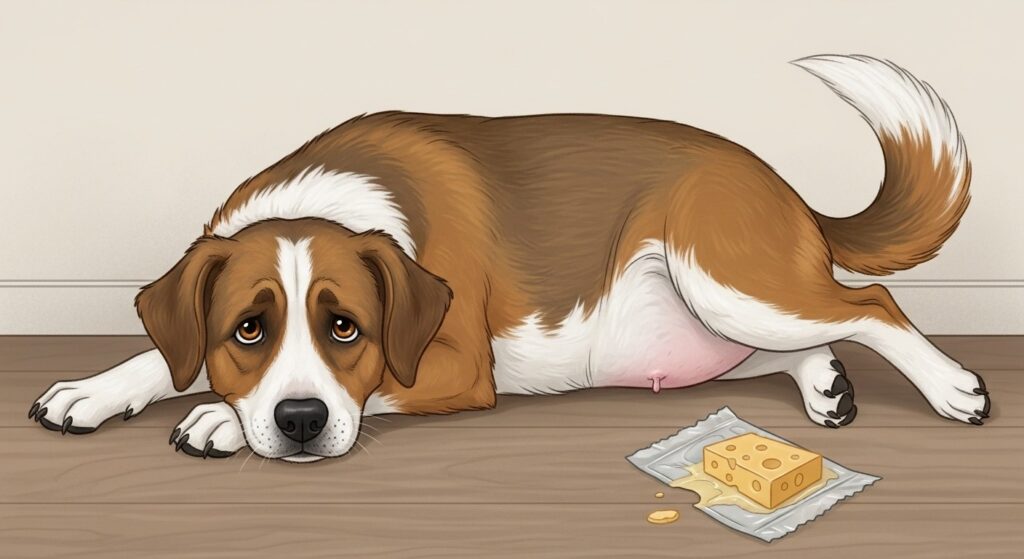Dog looking uncomfortable after eating cheese.