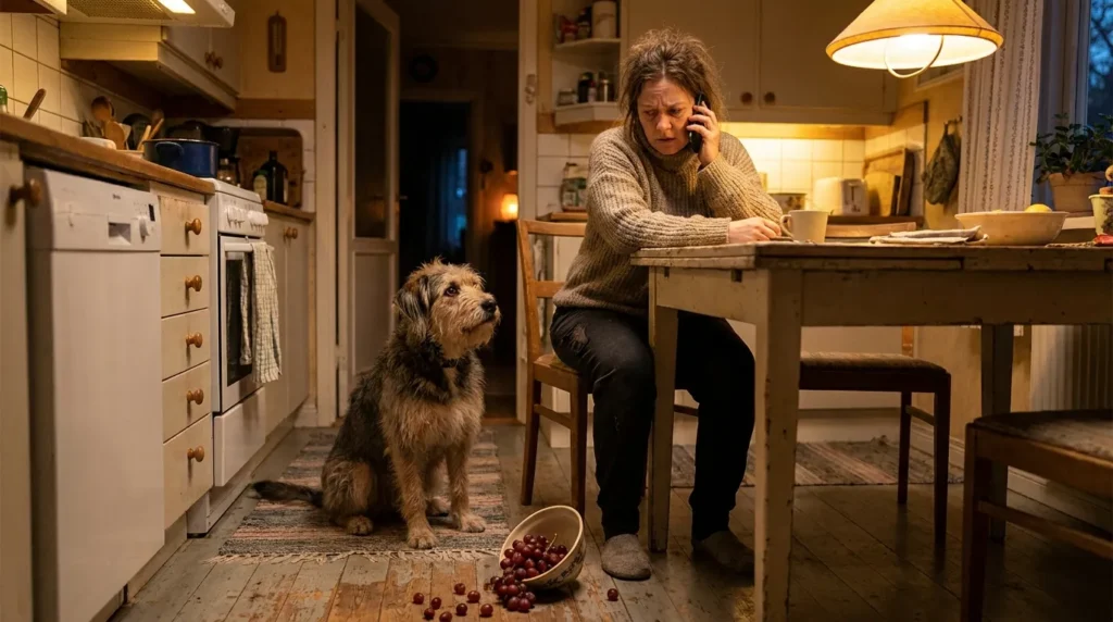 Dog owner calling vet after dog ate toxic fruit from a knocked-over bowl in a home kitchen