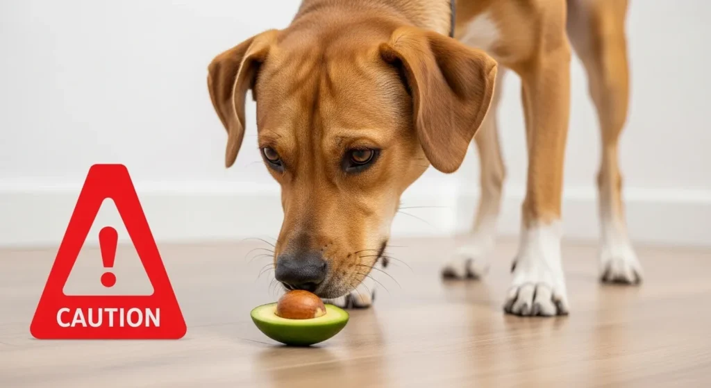 Dog near an avocado pit with caution symbol.